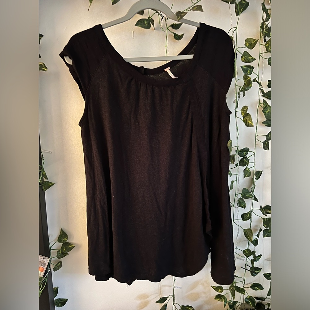 Free People XS Black Keep It Casual Tee Linen Blend Short Sleeve Shirt‎